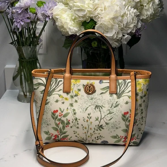 Tory Burch Watercolor Botanical Kerrington Tote Crossbody + Shopping Bag + Dusty - Picture 2 of 16